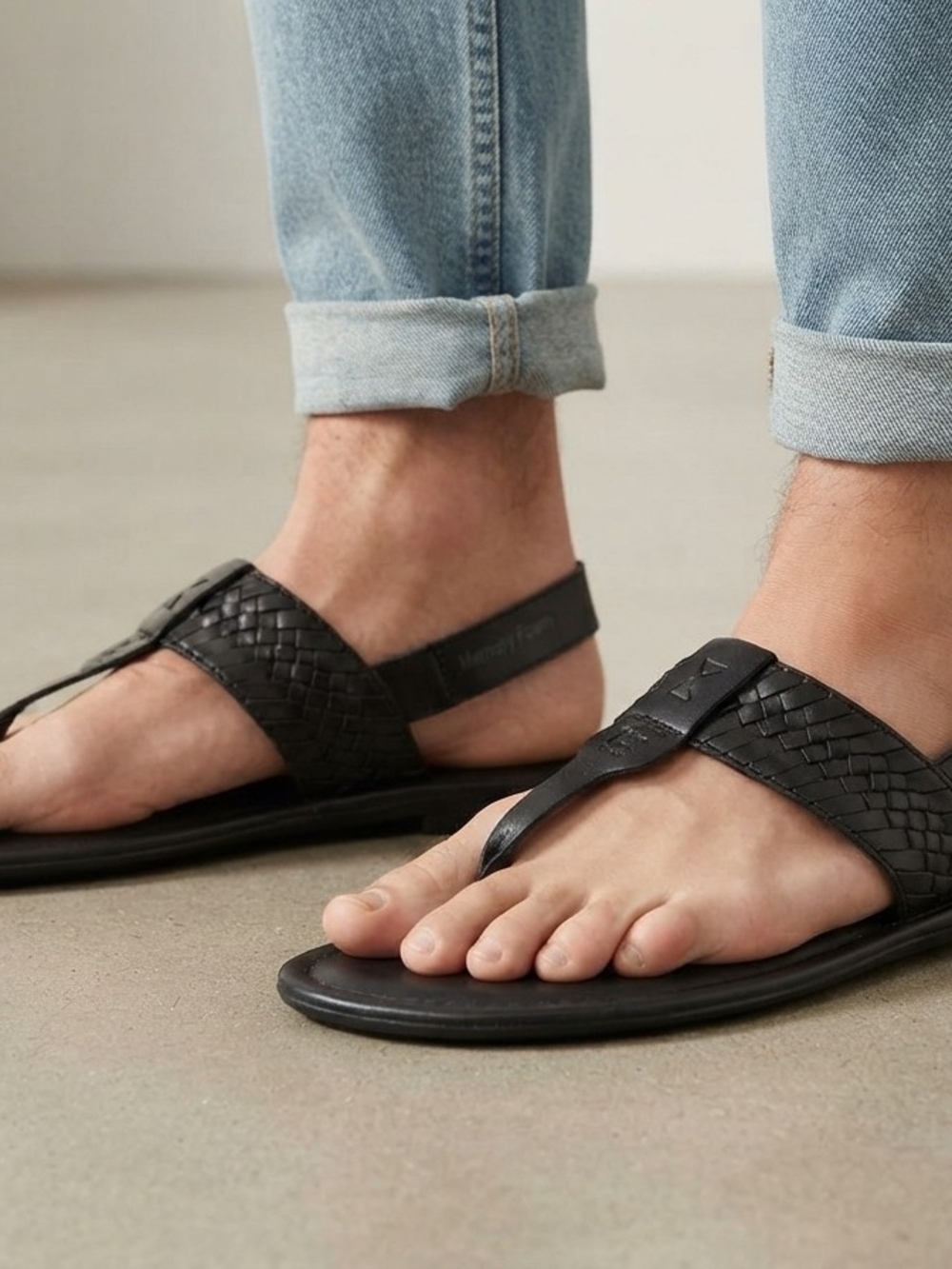 Time and Tru Black Woven Leather Thong Sandals for Men